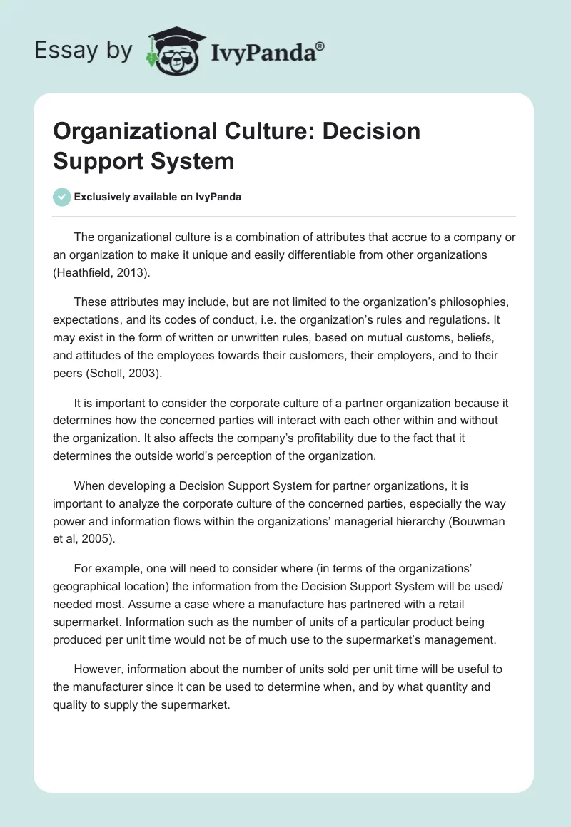 Organizational Culture: Decision Support System. Page 1