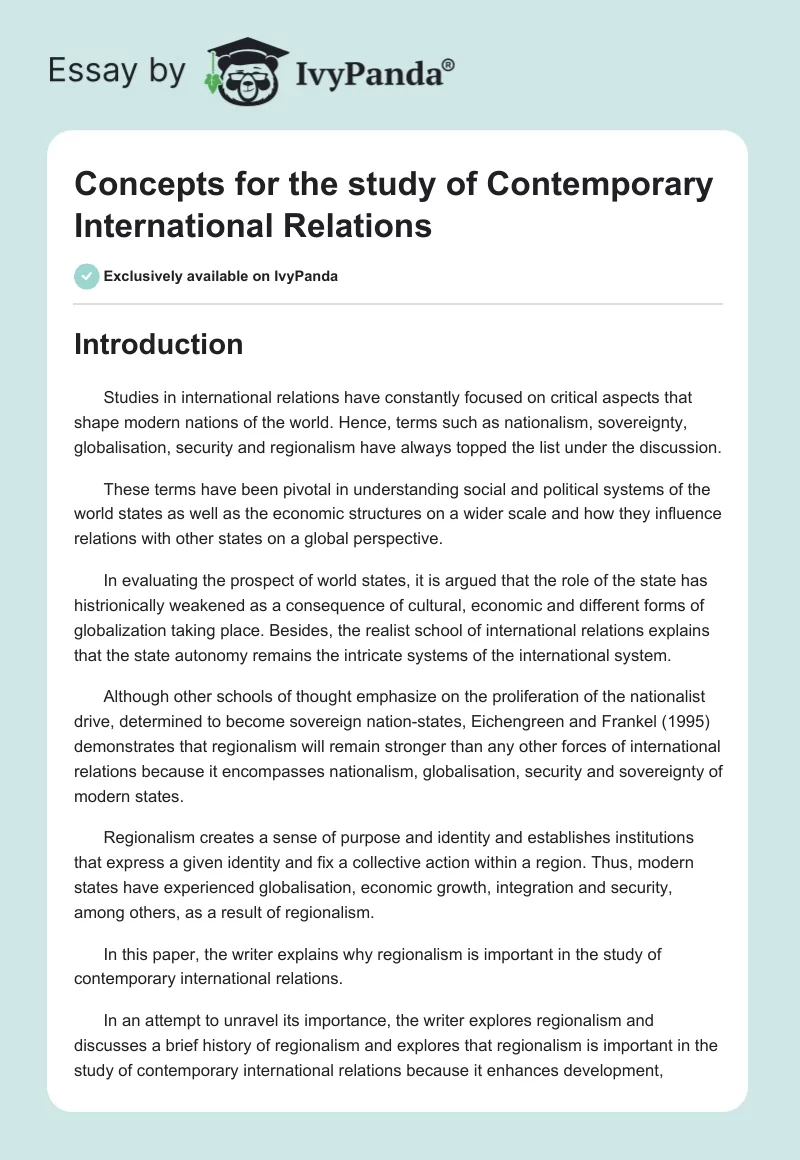 Concepts for the study of Contemporary International Relations. Page 1