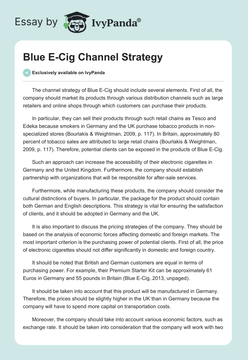 Blue E-Cig Channel Strategy. Page 1