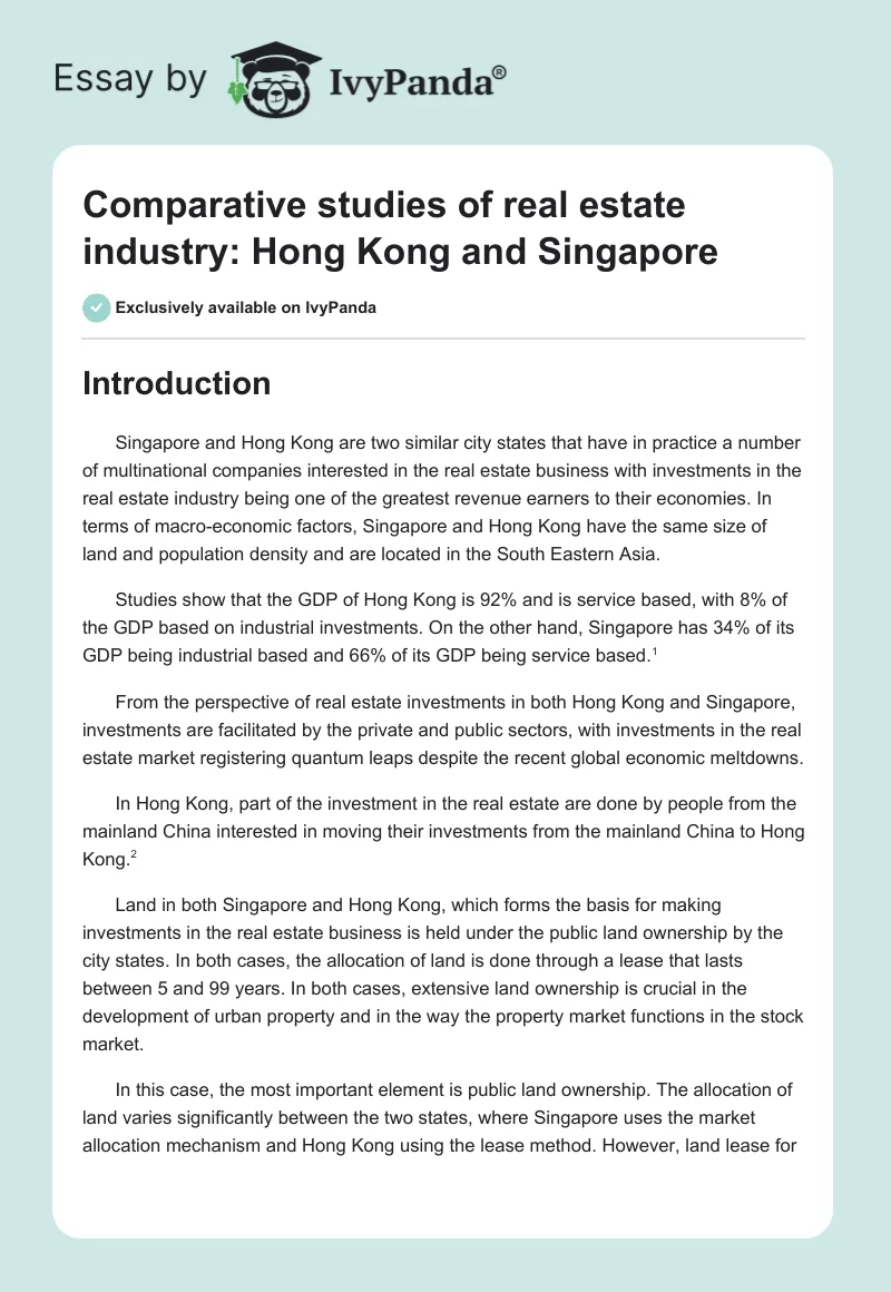 Comparative studies of real estate industry: Hong Kong and Singapore. Page 1