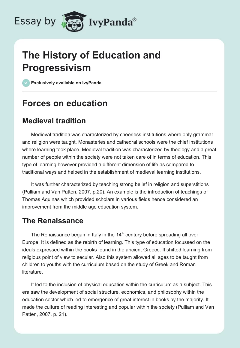 The History of Education and Progressivism. Page 1