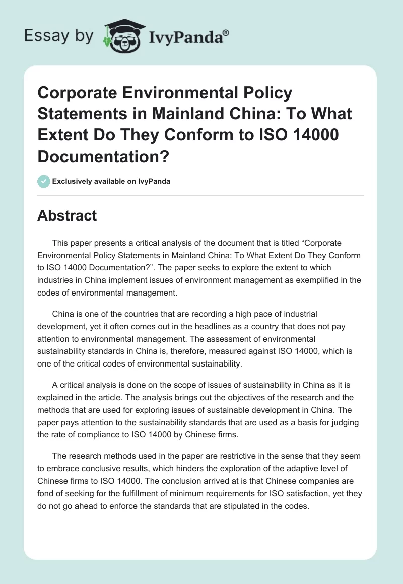 Corporate Environmental Policy Statements in Mainland China: To What Extent Do They Conform to ISO 14000 Documentation?. Page 1