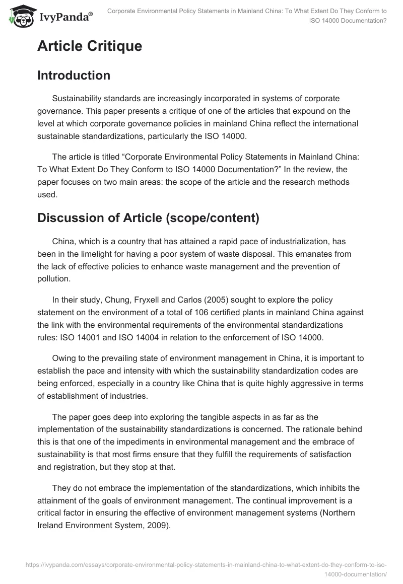 Corporate Environmental Policy Statements in Mainland China: To What Extent Do They Conform to ISO 14000 Documentation?. Page 2
