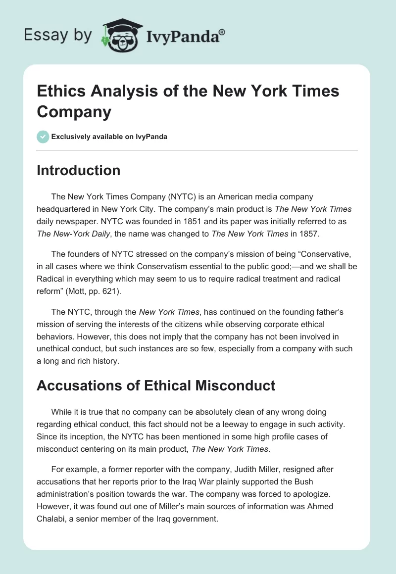 Ethics Analysis of the New York Times Company. Page 1