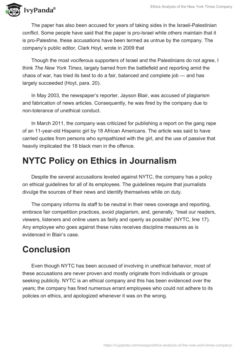 Ethics Analysis of the New York Times Company. Page 2