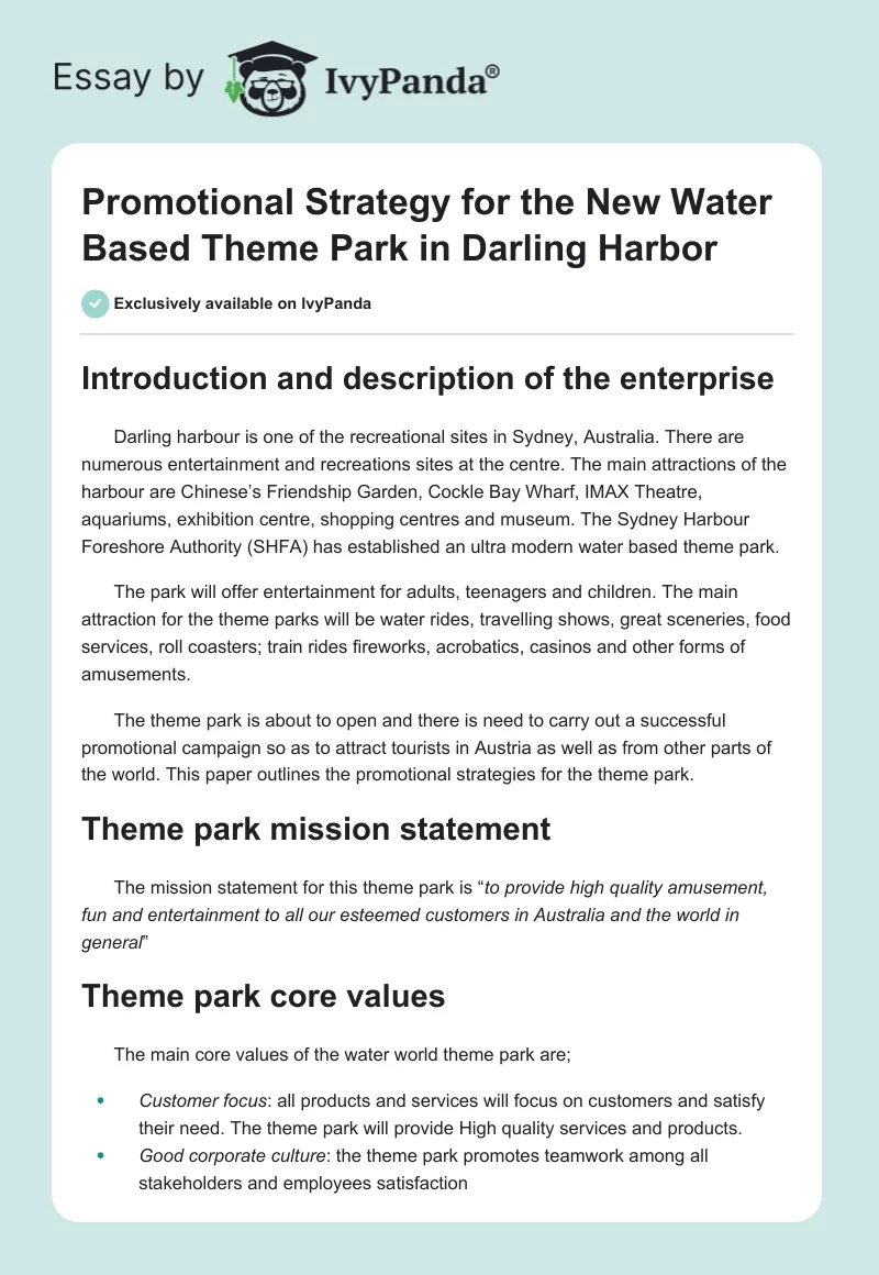 Promotional Strategy for the New Water Based Theme Park in Darling Harbor. Page 1
