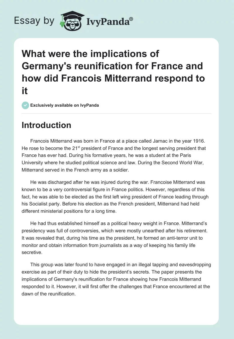 What were the implications of Germany's reunification for France and how did Francois Mitterrand respond to it. Page 1