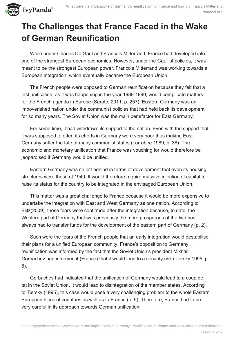 What were the implications of Germany's reunification for France and how did Francois Mitterrand respond to it. Page 2