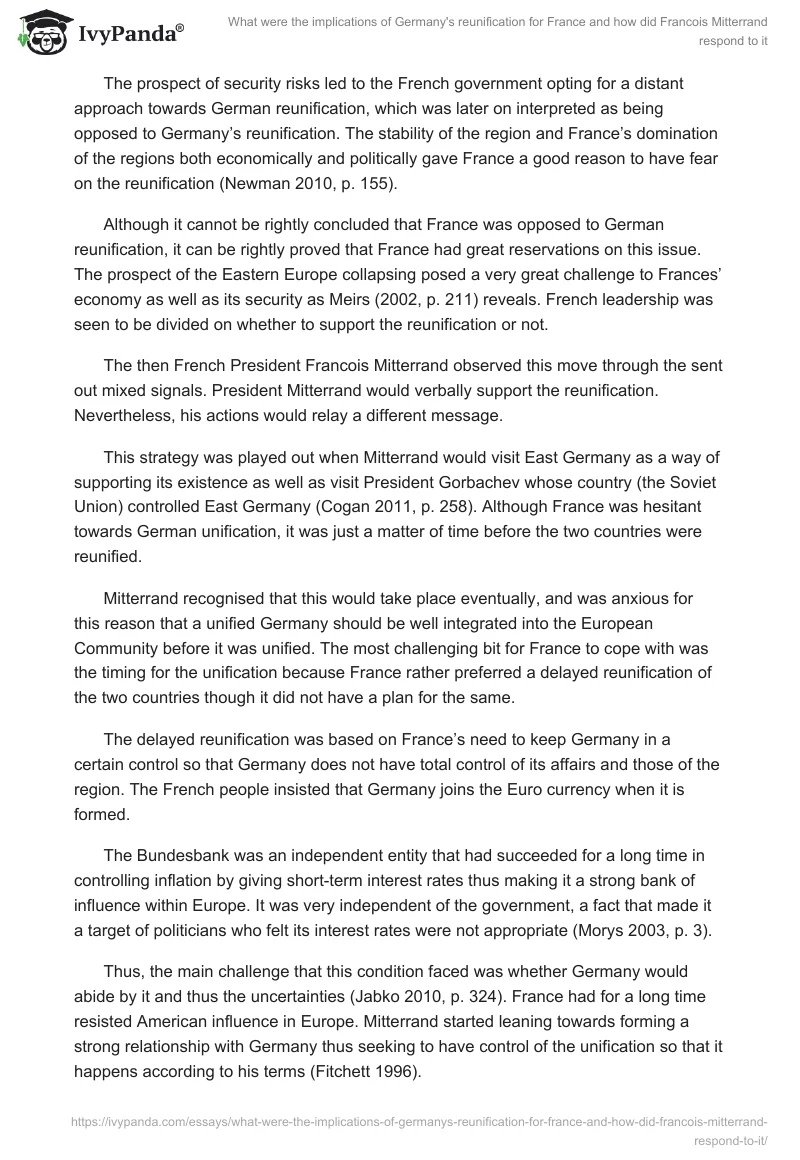 What were the implications of Germany's reunification for France and how did Francois Mitterrand respond to it. Page 3