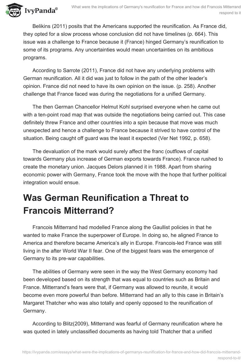 What were the implications of Germany's reunification for France and how did Francois Mitterrand respond to it. Page 4