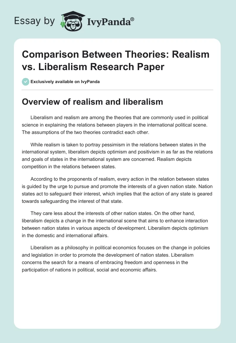 Comparison Between Theories: Realism vs. Liberalism Research Paper. Page 1