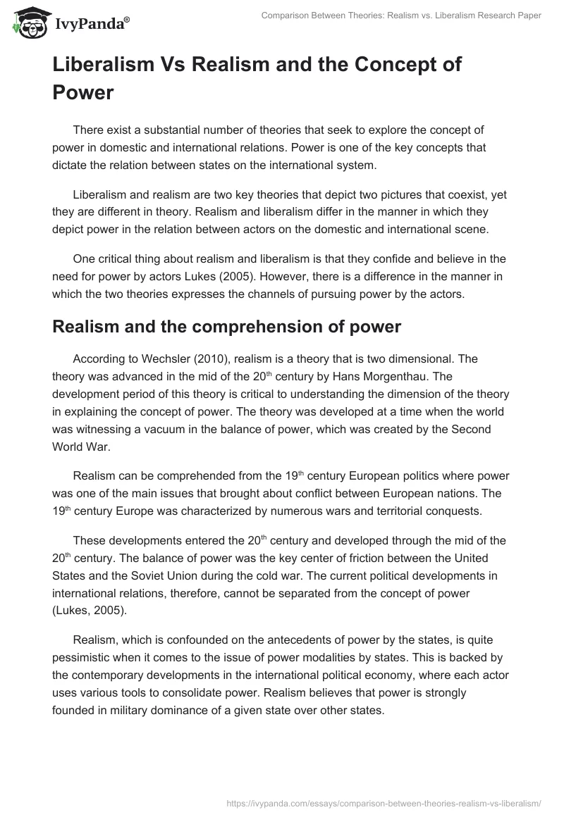 Comparison Between Theories: Realism vs. Liberalism Research Paper. Page 2