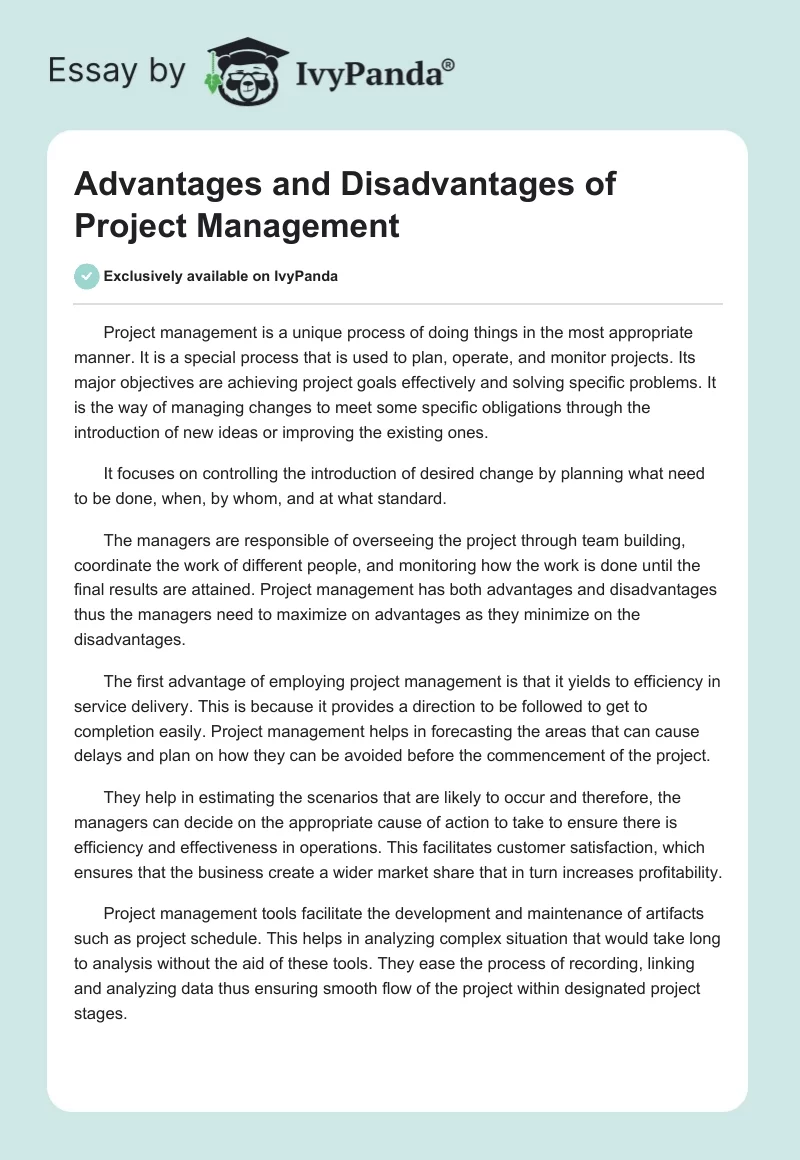 Advantages and Disadvantages of Project Management. Page 1