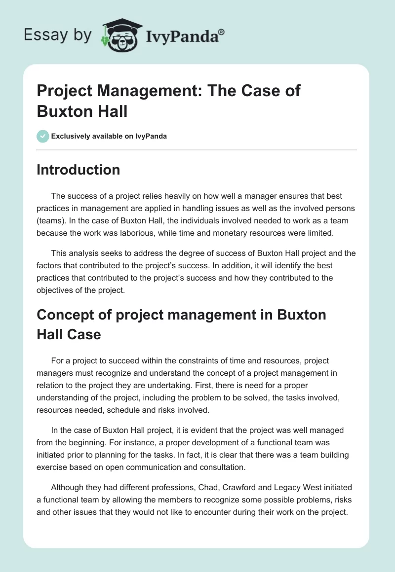 Project Management: The Case of Buxton Hall. Page 1