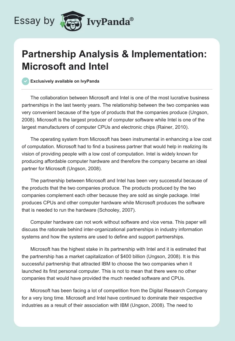 Partnership Analysis & Implementation: Microsoft and Intel. Page 1
