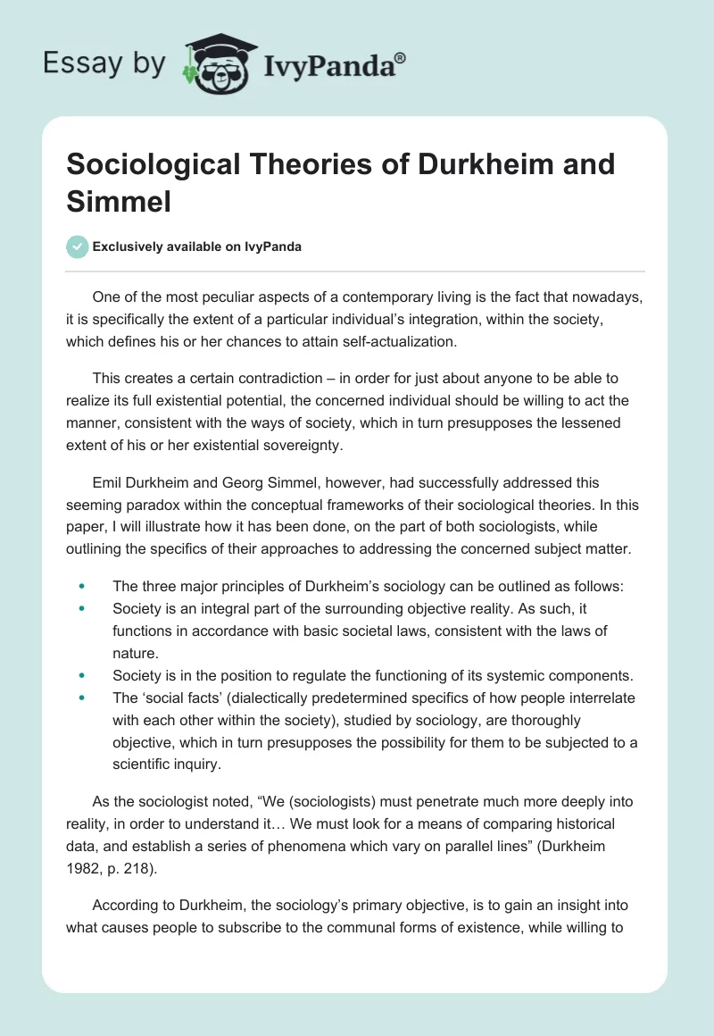 Sociological Theories of Durkheim and Simmel. Page 1