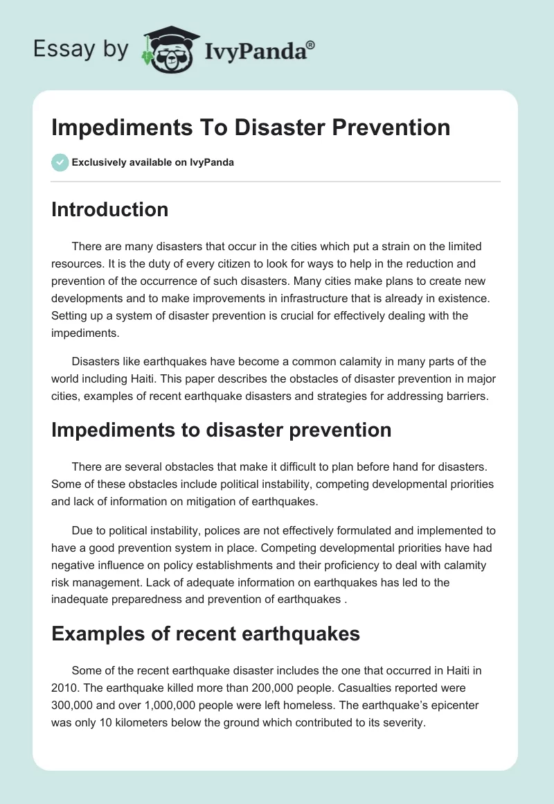 Impediments To Disaster Prevention. Page 1