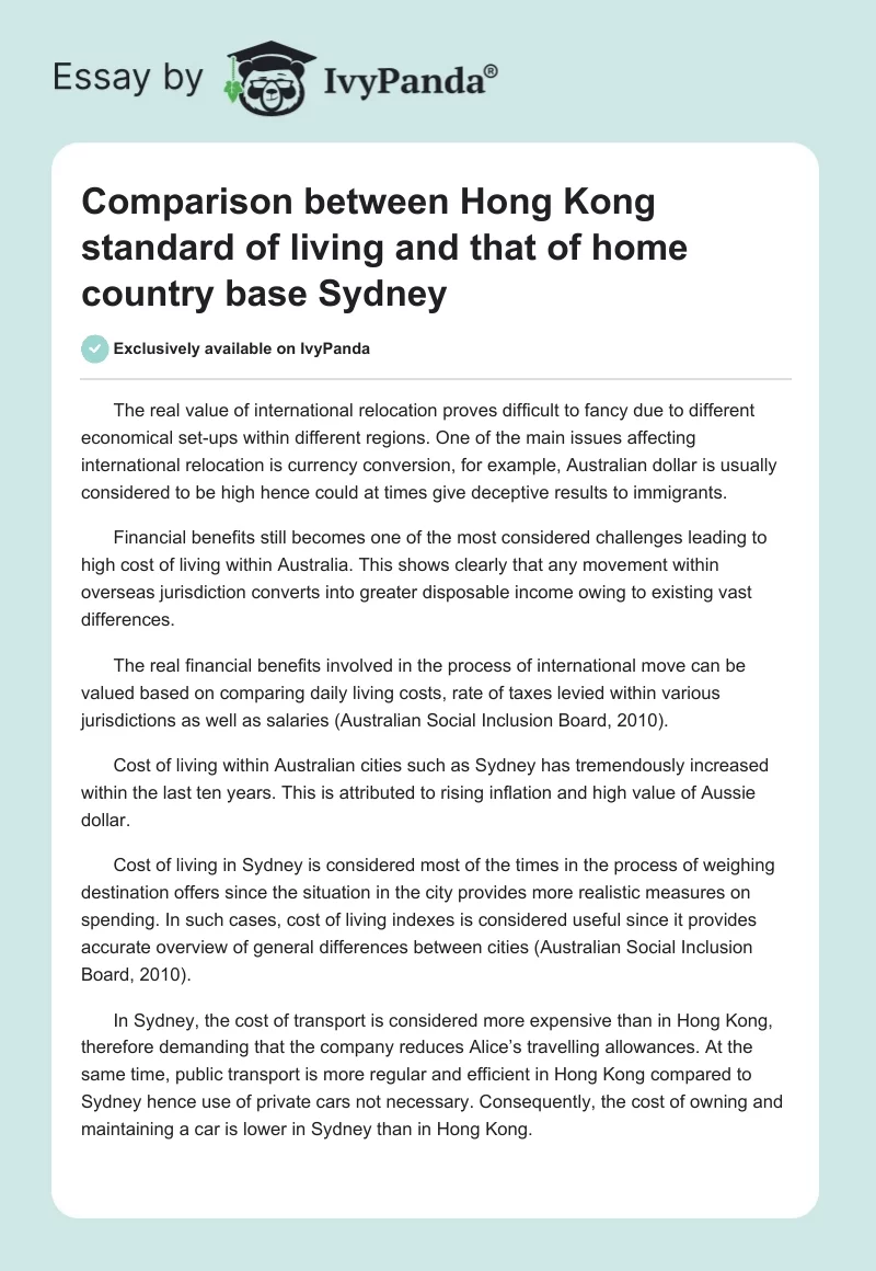 Comparison Between Hong Kong Standard of Living and That of Home Country Base Sydney. Page 1