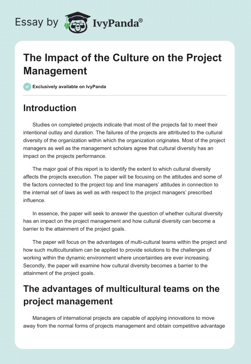 The Impact of the Culture on the Project Management. Page 1
