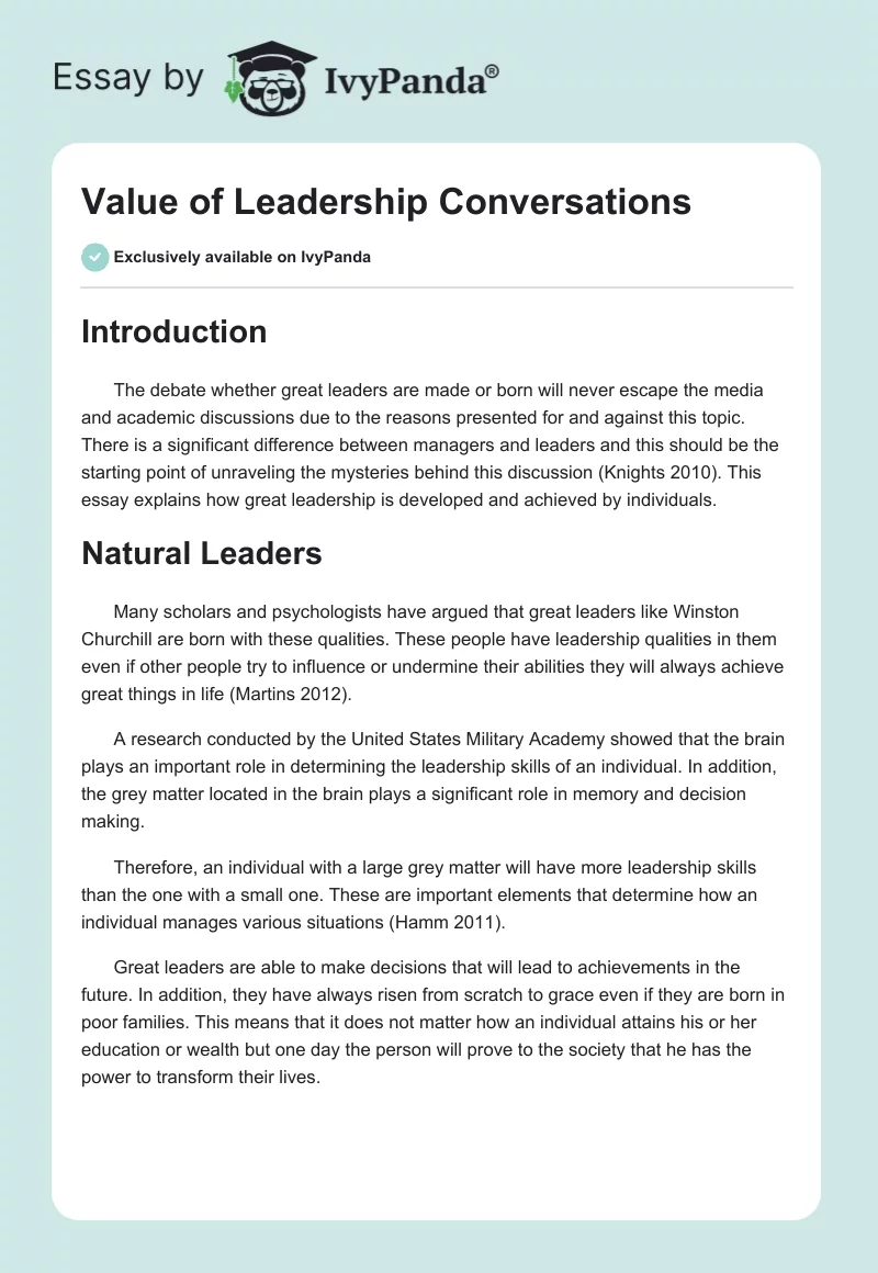 Value of Leadership Conversations. Page 1