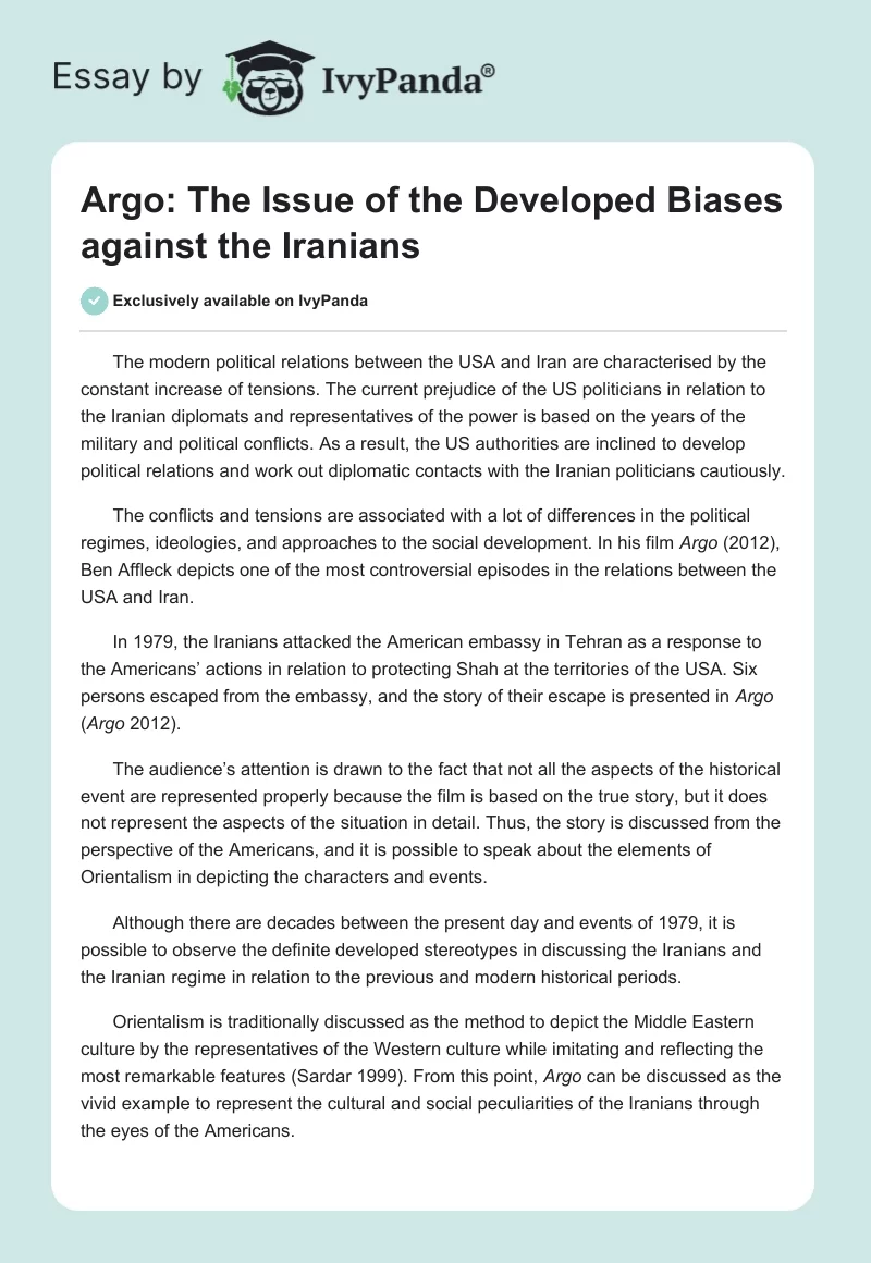 Argo: The Issue of the Developed Biases against the Iranians. Page 1