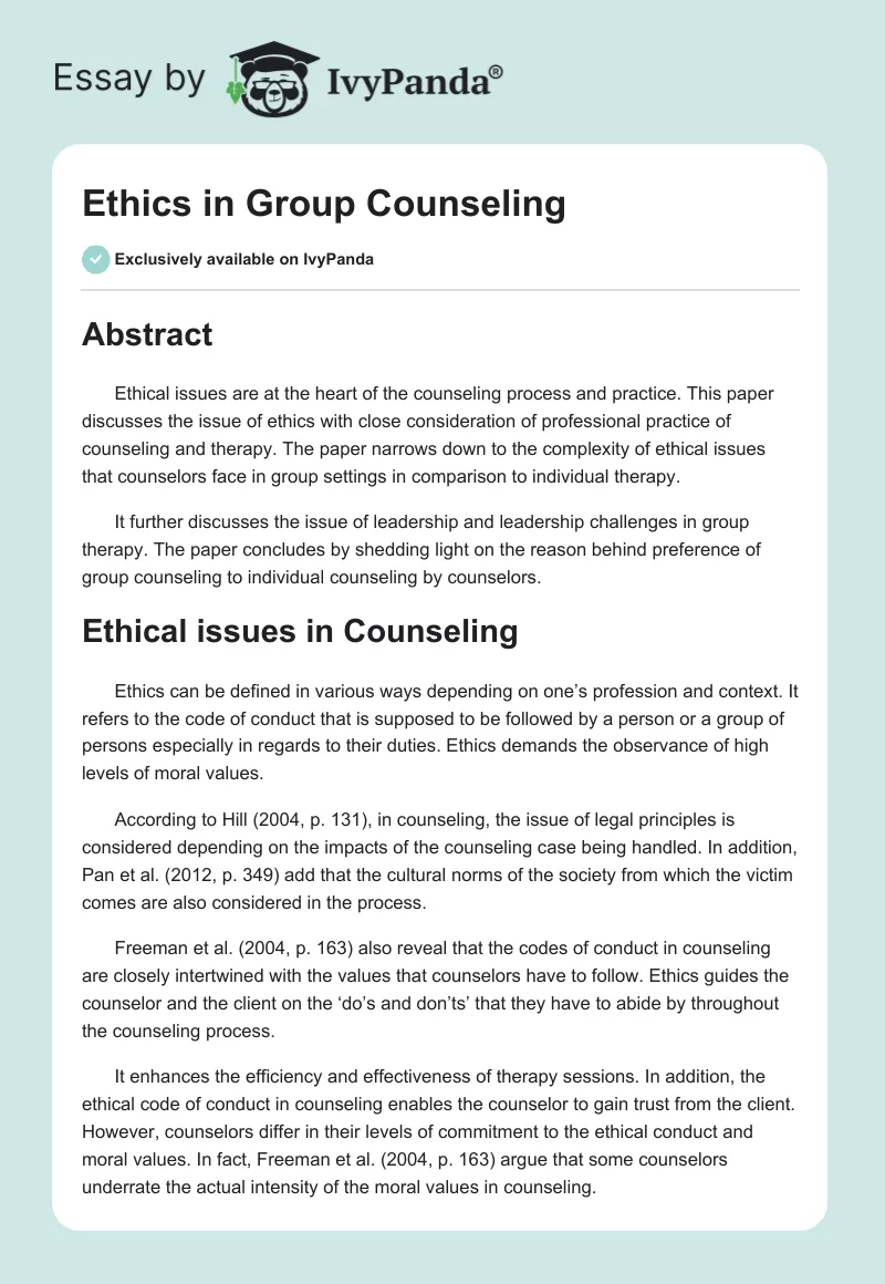 Ethics in Group Counseling. Page 1