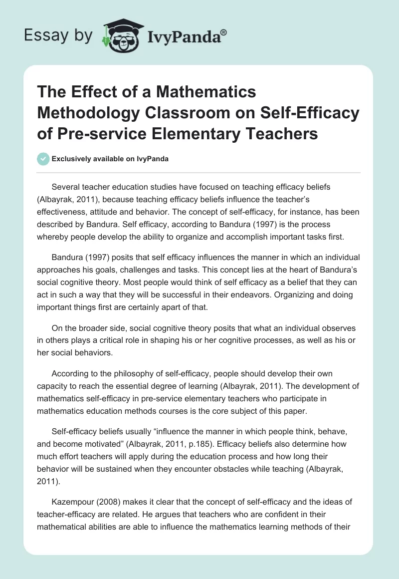 The Effect of a Mathematics Methodology Classroom on Self-Efficacy of Pre-Service Elementary Teachers. Page 1