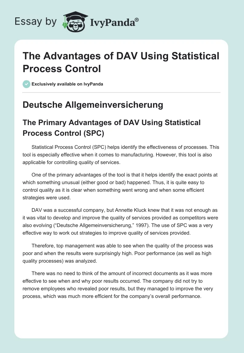 The Advantages of DAV Using Statistical Process Control. Page 1