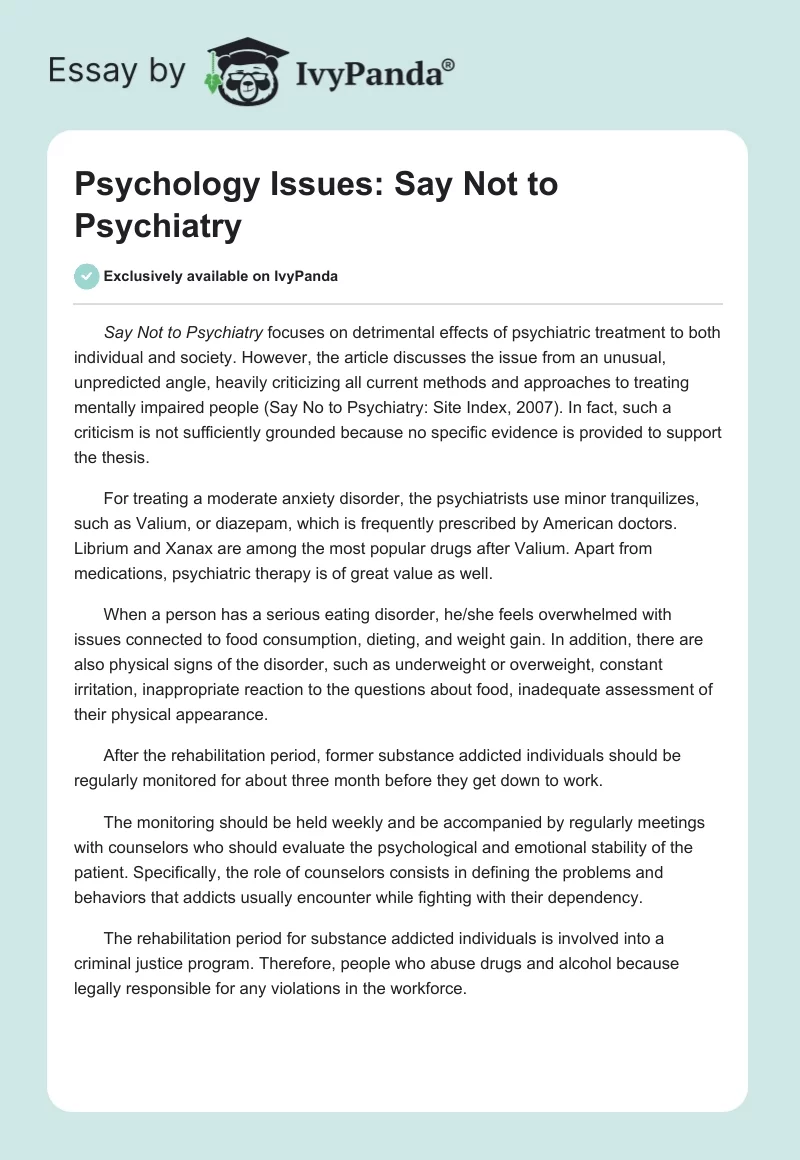 Psychology Issues: Say Not to Psychiatry. Page 1