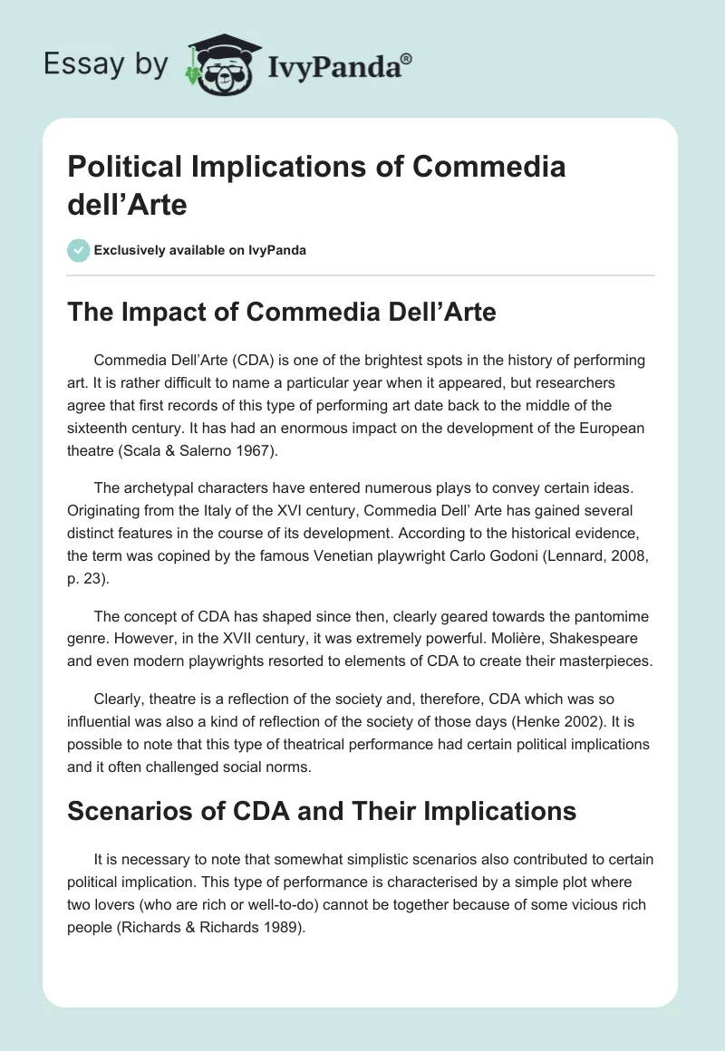 Political Implications of Commedia Dell’Arte. Page 1