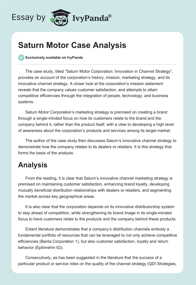 Saturn Motor Case Analysis. Page 1