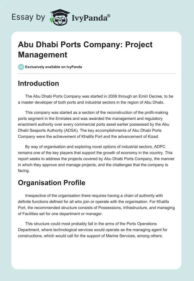 Abu Dhabi Ports Company: Project Management. Page 1