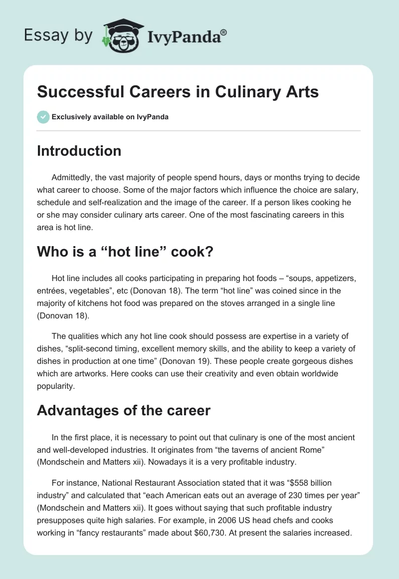 Successful Careers in Culinary Arts. Page 1