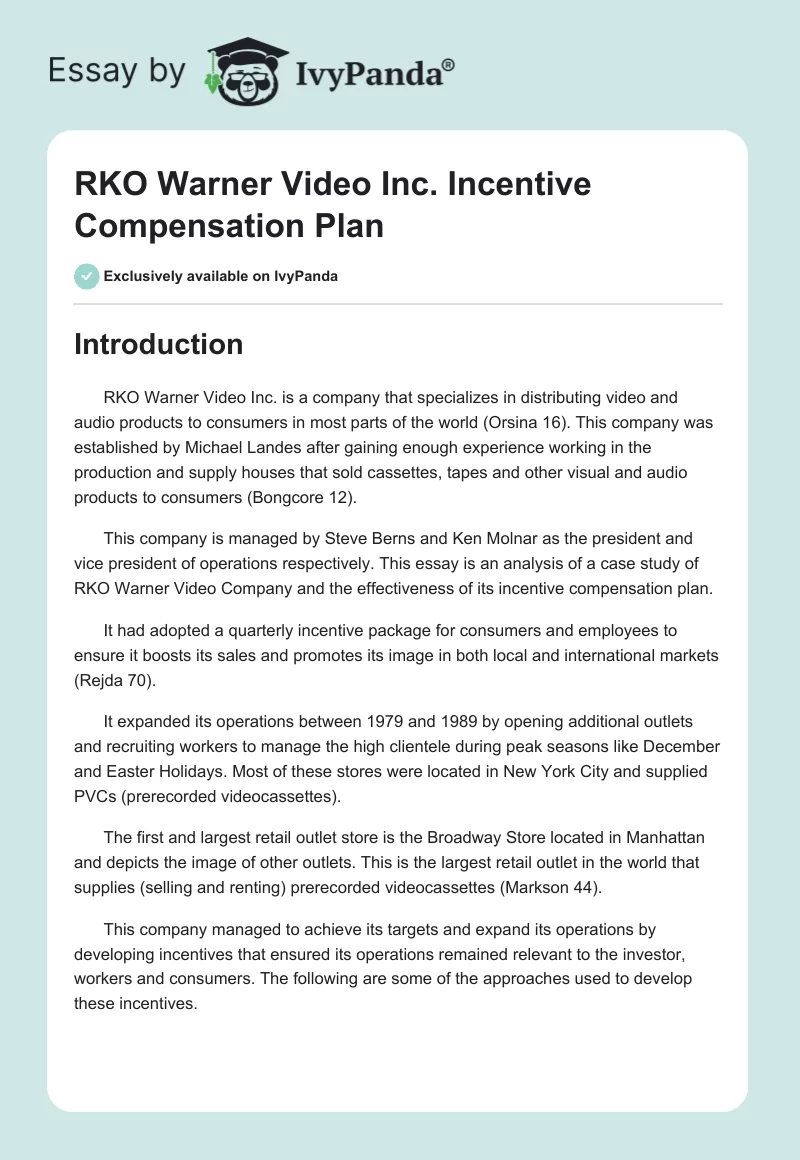 RKO Warner Video Inc. Incentive Compensation Plan. Page 1