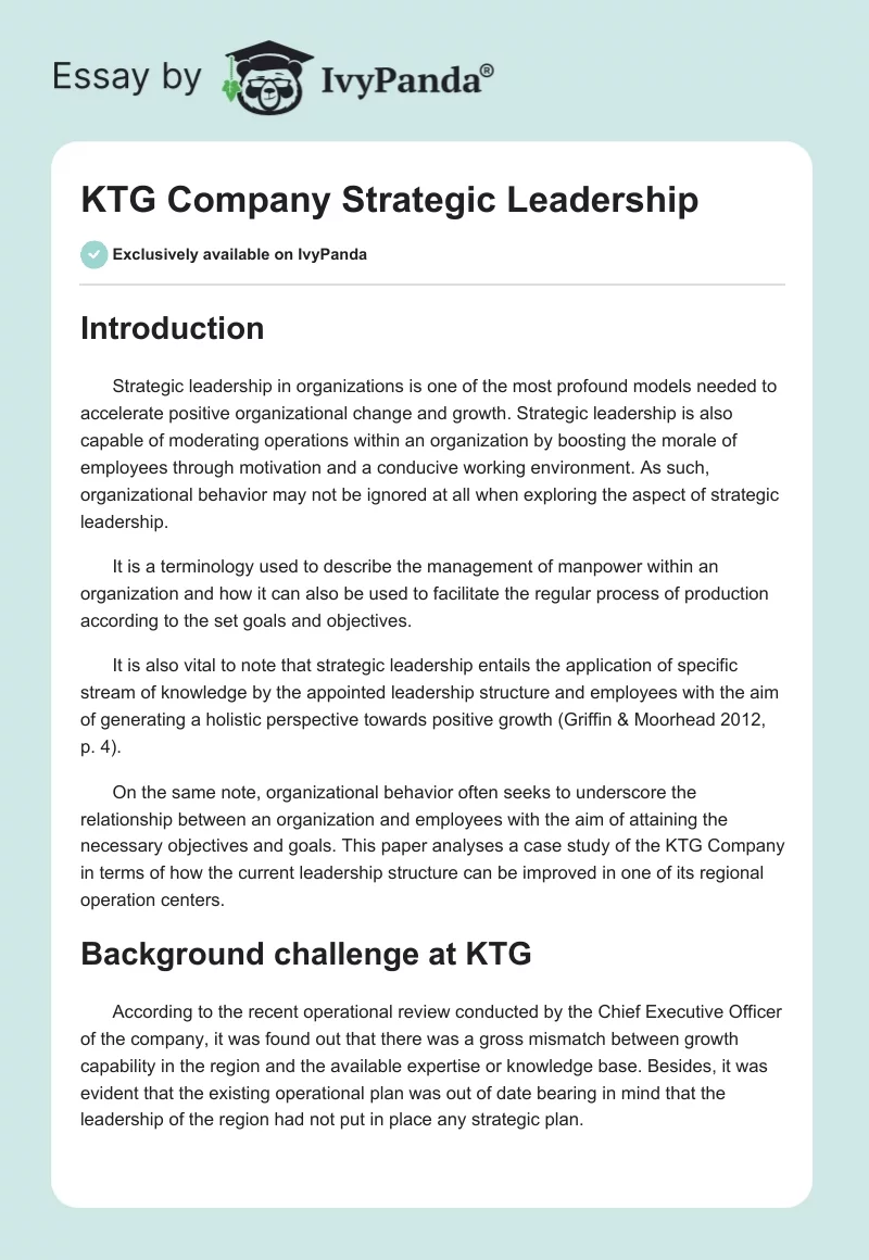 KTG Company Strategic Leadership. Page 1