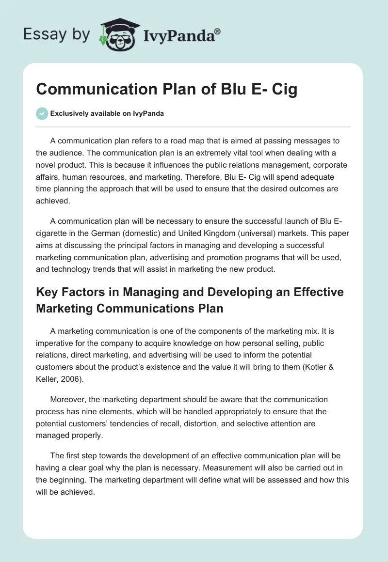 Communication Plan of Blu E- Cig. Page 1