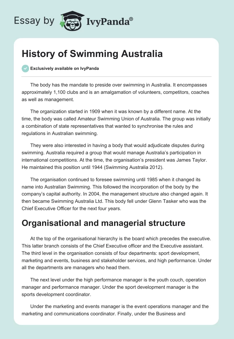 History of Swimming Australia. Page 1