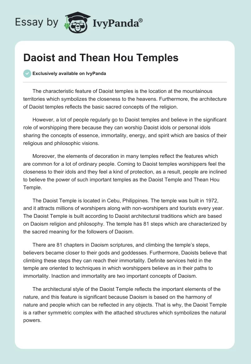 Daoist and Thean Hou Temples. Page 1