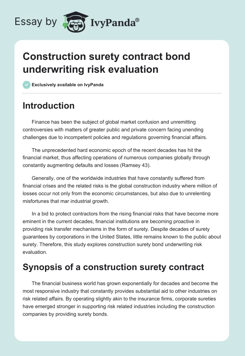 Construction Surety Contract Bond Underwriting Risk Evaluation. Page 1