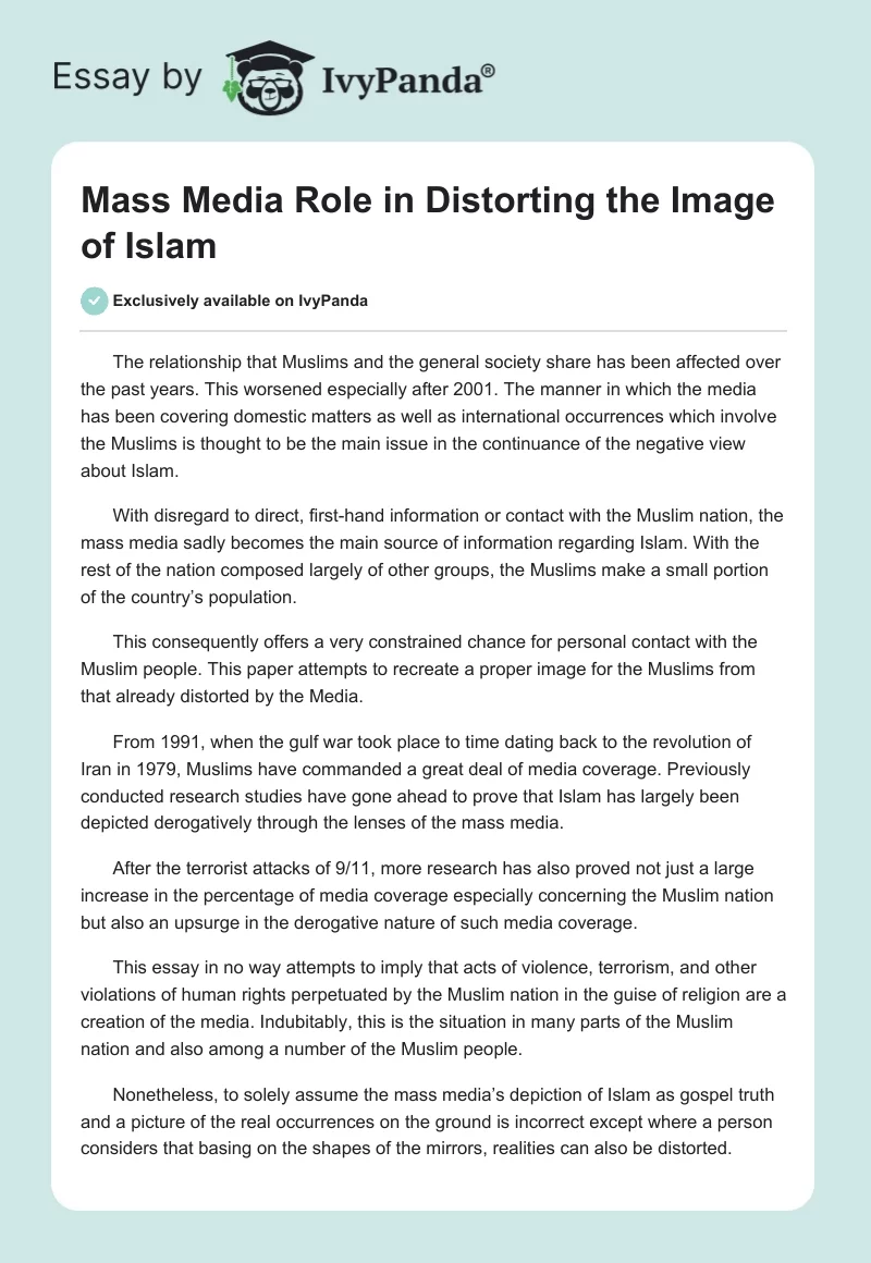 Mass Media Role in Distorting the Image of Islam. Page 1