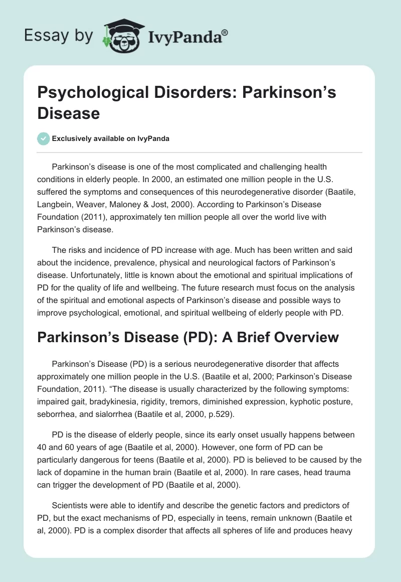 Psychological Disorders: Parkinson’s Disease. Page 1