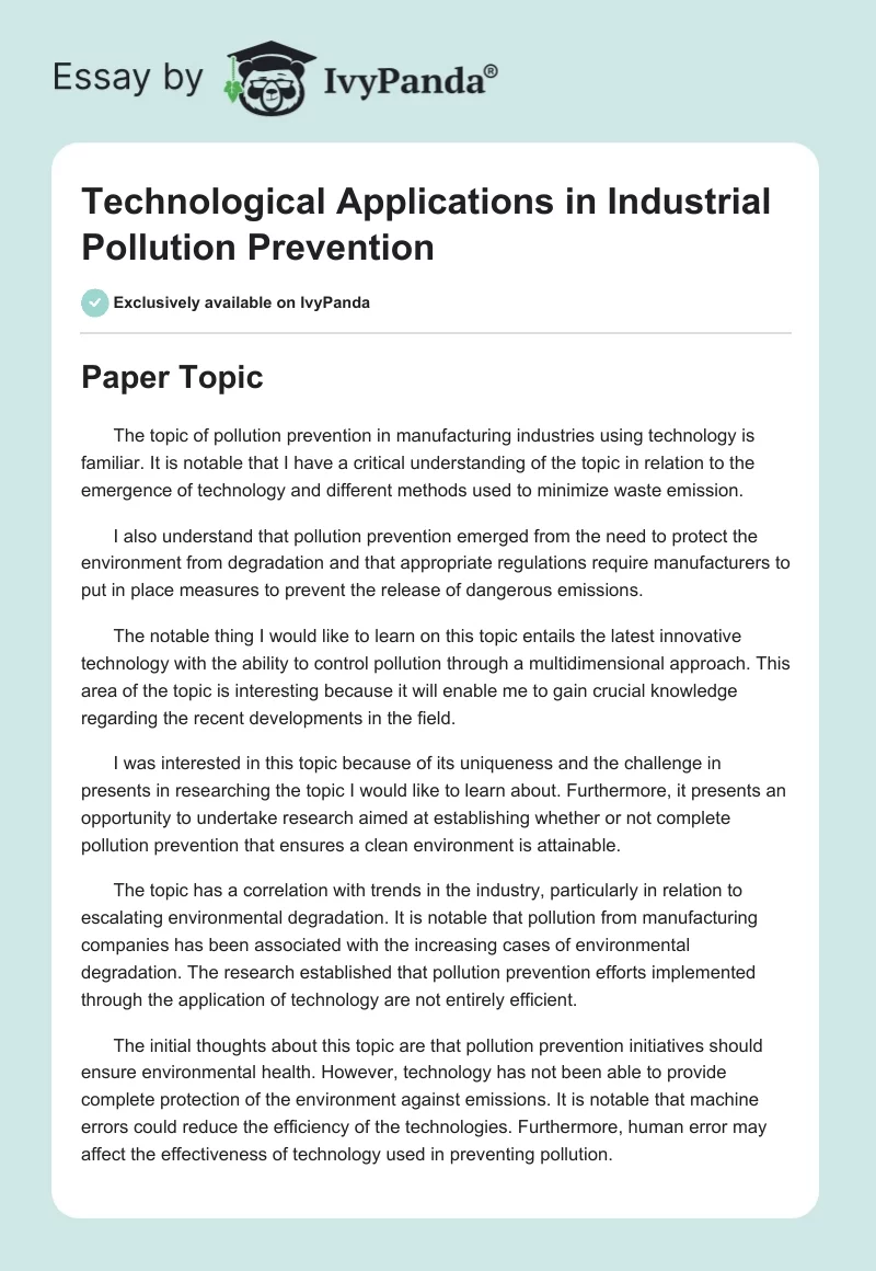 Technological Applications in Industrial Pollution Prevention. Page 1