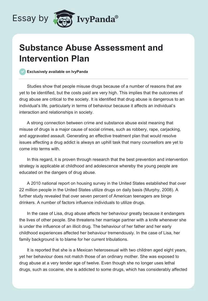 Substance Abuse Assessment and Intervention Plan. Page 1