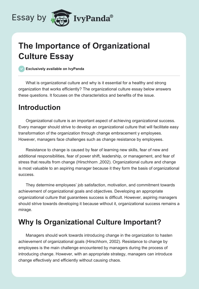 The Importance of Organizational Culture Essay. Page 1