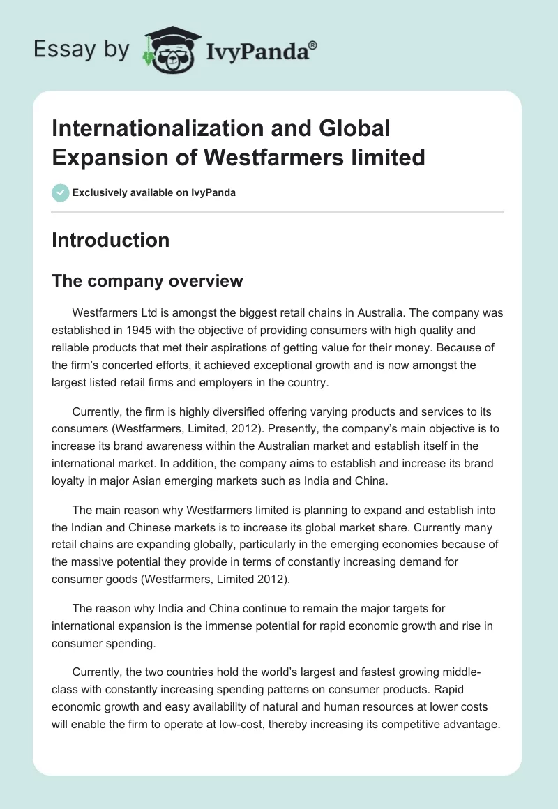 Internationalization and Global Expansion of Westfarmers limited. Page 1