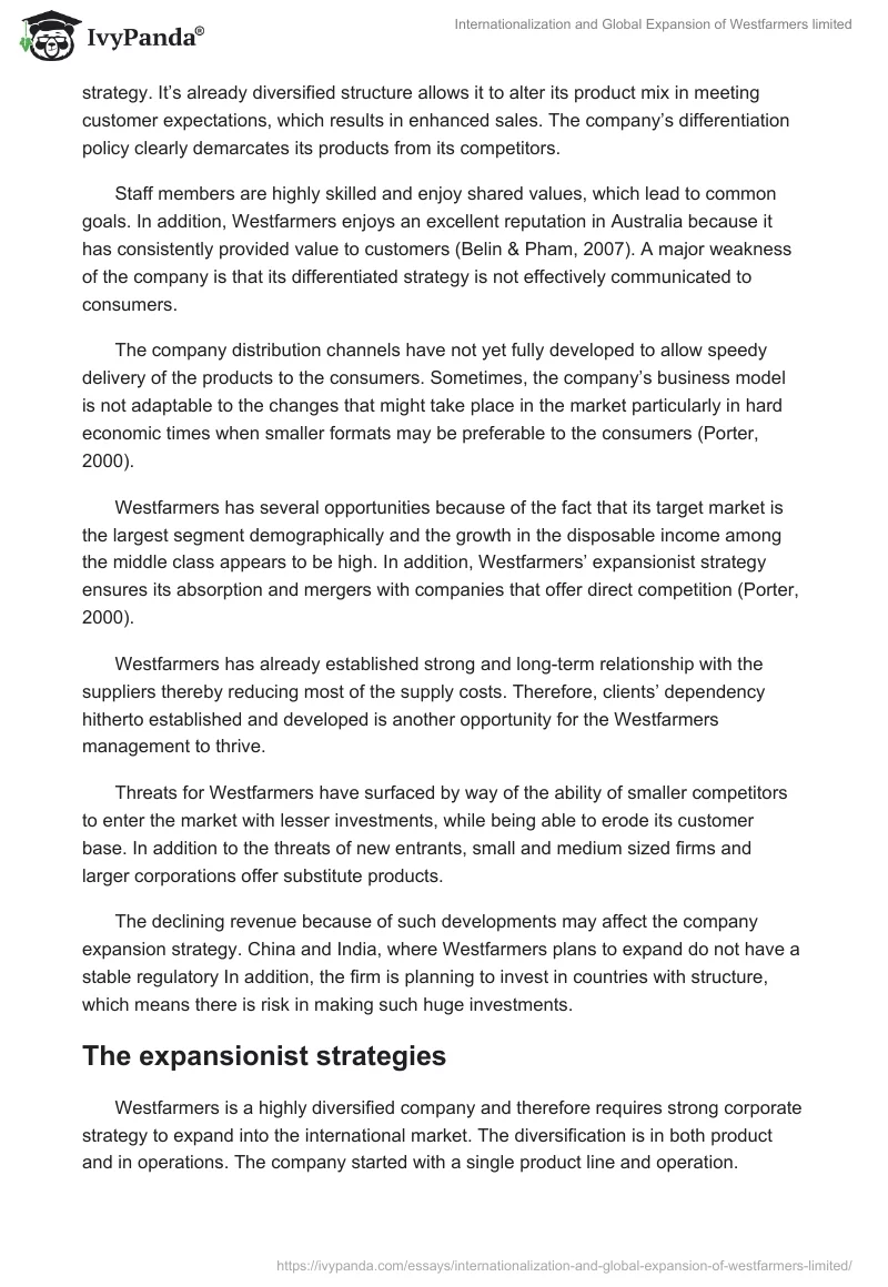 Internationalization and Global Expansion of Westfarmers limited. Page 4