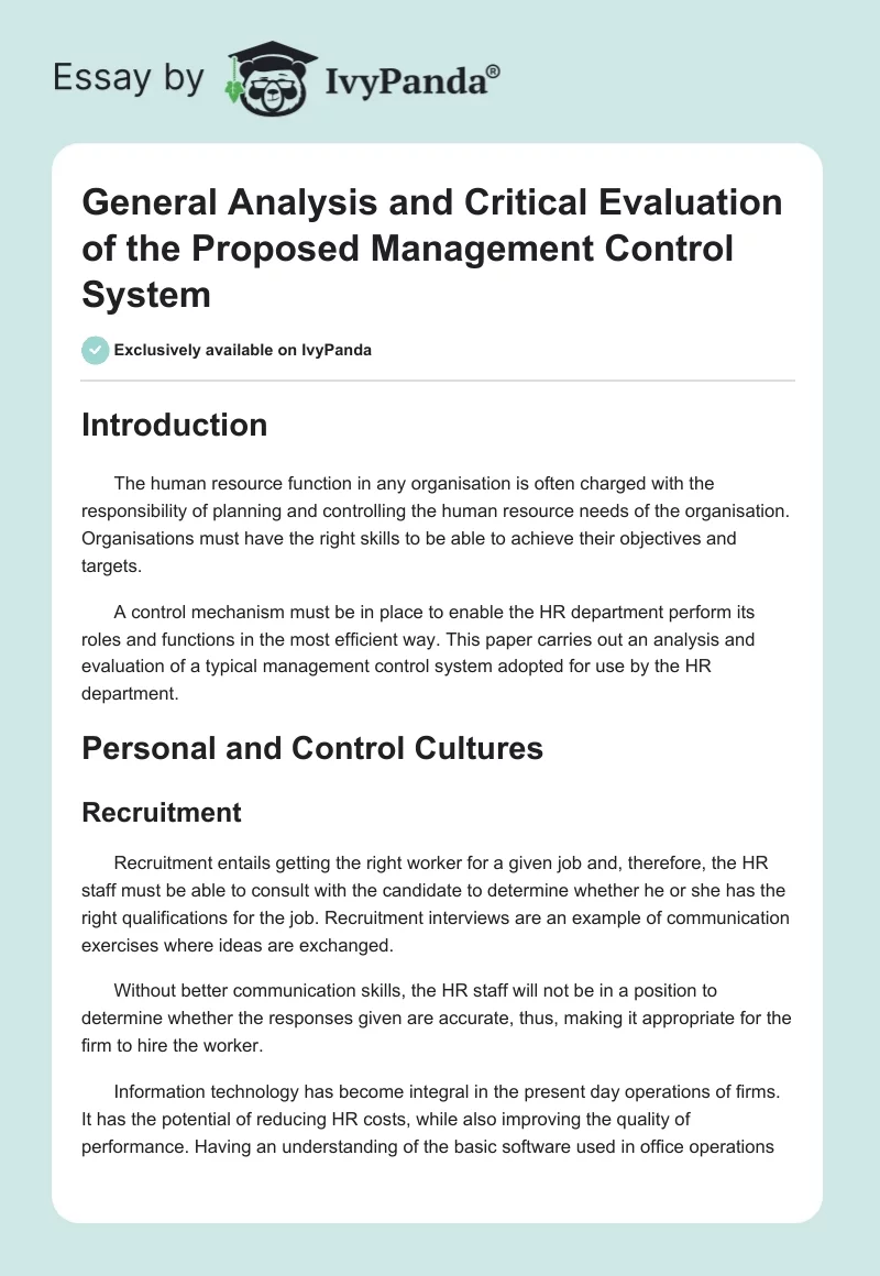 General Analysis and Critical Evaluation of the Proposed Management Control System. Page 1