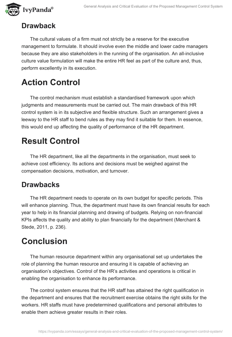 General Analysis and Critical Evaluation of the Proposed Management Control System. Page 3