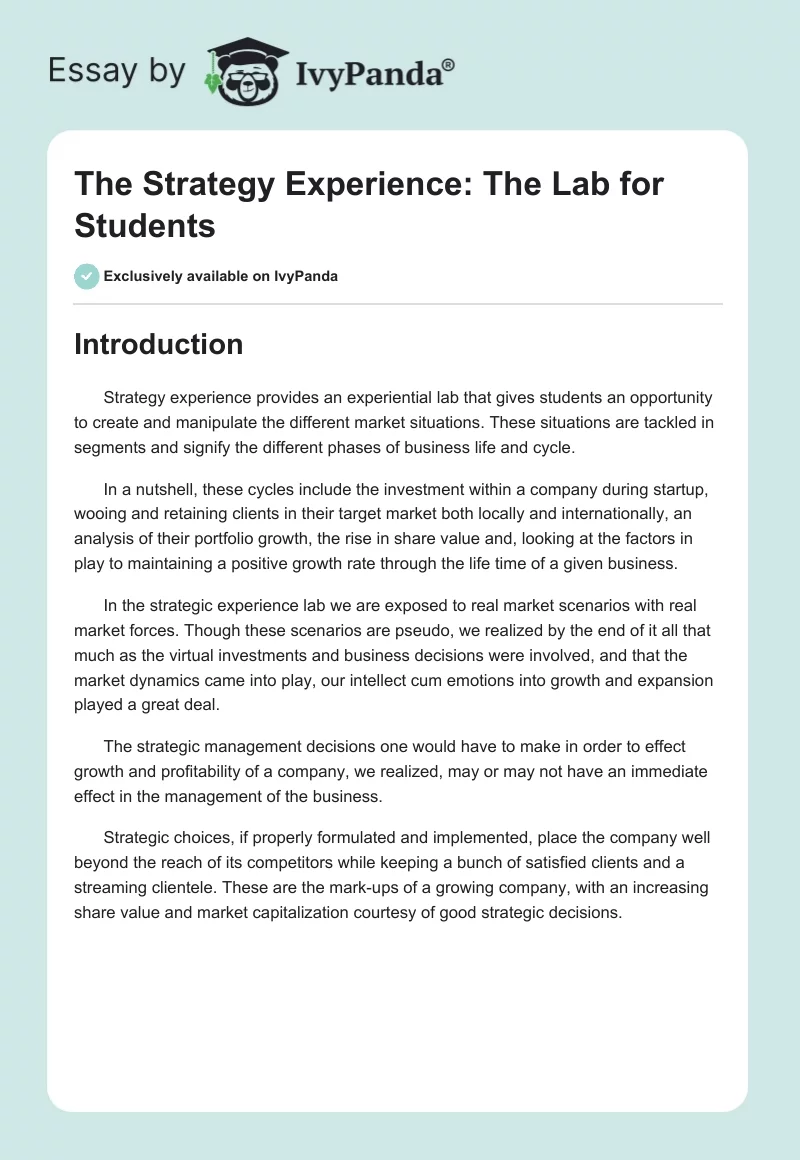 The Strategy Experience: The Lab for Students. Page 1