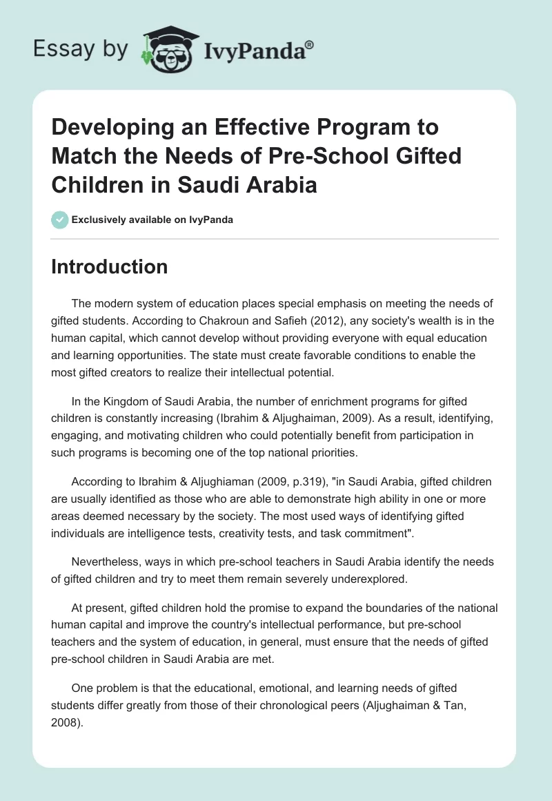 Developing an Effective Program to Match the Needs of Pre-School Gifted Children in Saudi Arabia. Page 1
